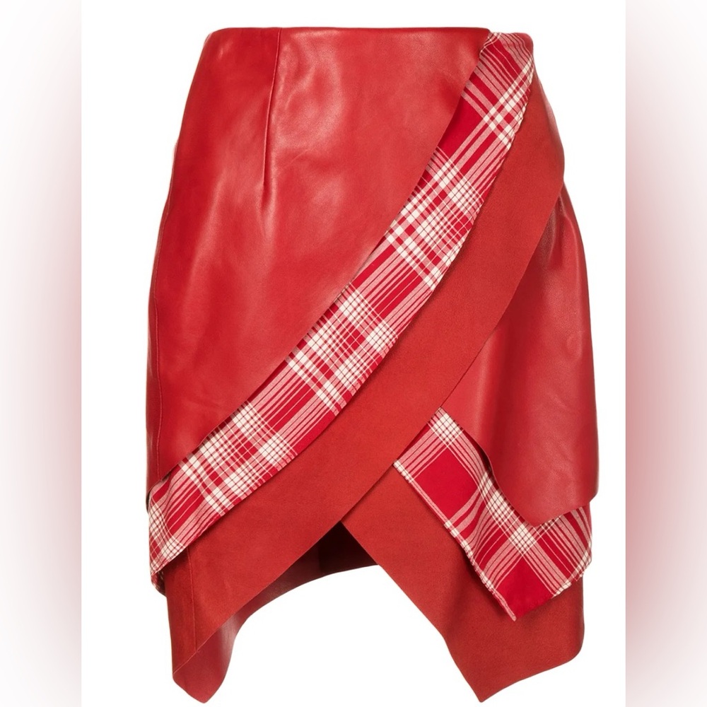 RtA Red Genuine Leather Plaid Mini Skirt